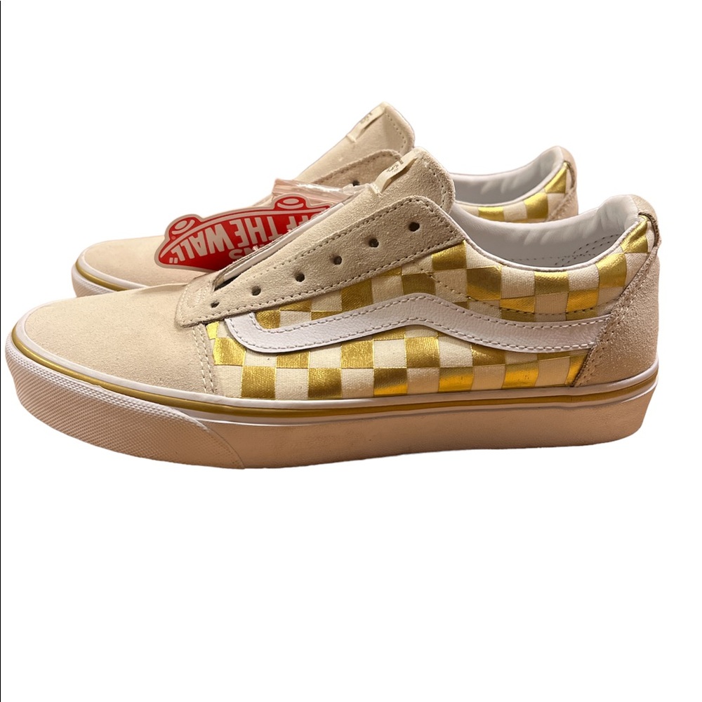 BNWT • Vans Ward Checkered Shoes • Metallic Gold and Cream • Sz. 8.5 W